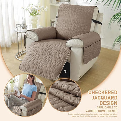 100% Waterproof Recliner Chair Covers for Reclining Chair, Large Recliner Covers That Stay in Place, Non-Slip Recliner Armchair Cover with Pockets for Kids, Pets, Dogs, Cat, Washable,Khaki,28IN