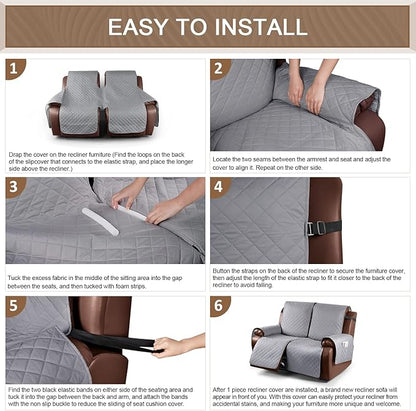 KinCam Loveseat Recliner Covers for 2 Seat, 100% Waterproof Reclining Loveseat Covers, Non-Slip Recliner Cover Furniture Protector with Elastic Straps for Pets, Kids, Light Gray