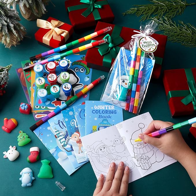 Zhanmai 108 Pcs Christmas Party Favors Bible Coloring Book with Stacking Crayons for Kids Squishes Christmas Toys DIY Sticker Stampers Goodie Bag Fillers Supplies School Educational Reward Prizes