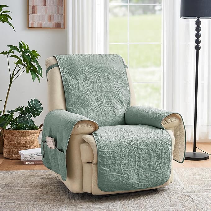 Green Quilted Recliner Covers, Water-Repellent Recliner Slipcovers, Recliner Covers Stay in Place, Pet Friendly Recliner Cover for Dogs, Washable Chair Protector (Recliner 22", Sage Green)
