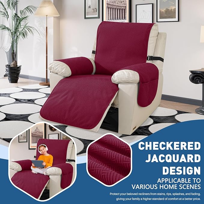 Easehomey Waterproof Recliner Chair Cover,Non-Slip Recliner Cover with Two Pockets Elastic Straps Slip Covers for Recliners with Arms Washable Reclining Chair Cover Furniture Protector(Wine Red,23.6")