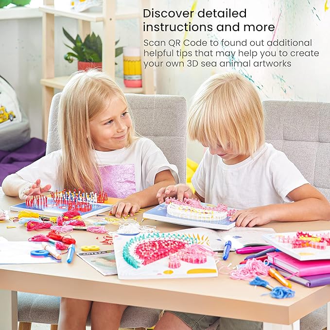 Arteza Kids String Art Kit, Set of 5 Sea Animal Designs, Plastic Pushpins, Art Supplies for Kids Craft Projects and Free Time Activities