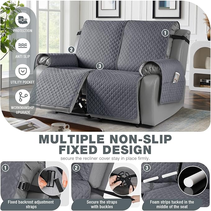 TAOCOCO Loveseat Recliner Cover Non-Slip Sofa Slipcover, Pet Cover for Loveseat Recliner with Elastic Straps, Washable Reclining Loveseat Cover Recliner Furniture Protector (2 Seater, Dark Grey)