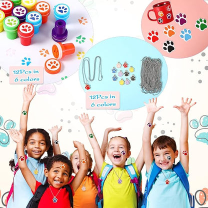 85 Pieces Dog Paw Party Favors Set Dog Paw Print Party Supplies with Paw Print Silicone Bracelet Stamper Sticker Keychain Pendant Chain Organza Bag and Thank You Tag for Girl Kid Boy Party Birthday