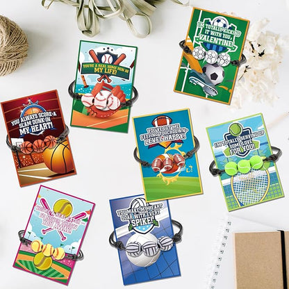 35 Packs Valentines Day Cards with Sports Bracelets for Classroom Gift Exchange Prizes, Valentine's Party Favors Toys for School Exchange Gifts Greeting Cards