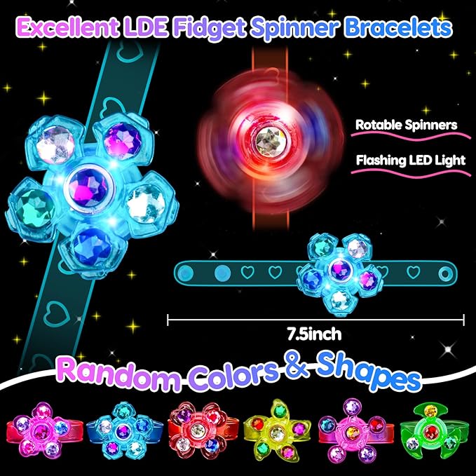 24PCS LED Light Up Fidget Spinner Bracelets Valentine Party Favors Bulk for Kids 4-8 8-12 Glow in Dark Goodie Treat Bag Stuffers Treasure Box Toys Carnival Prizes Birthday Return Gifts for Boys Girls