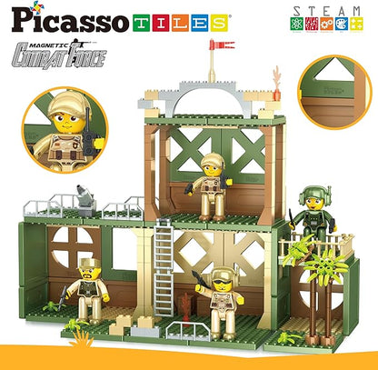 PicassoTiles Magnet Tile Building Brick Blocks Military Combat Force Theme Magnetic Tiles Construction Block Playset 4 Character Action Figures with Weapons Interlocking Bricks STEM Toy Ages 3+ PTL18