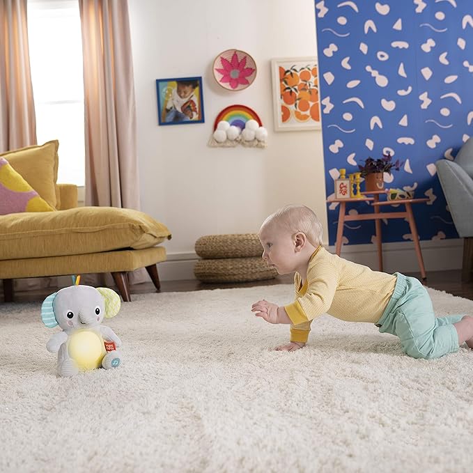 Bright Starts Hug-a-Bye Baby Elephant Stuffed Animal Musical Toy, Soft Toy Soother Plays Songs & Lights up, Newborn and up