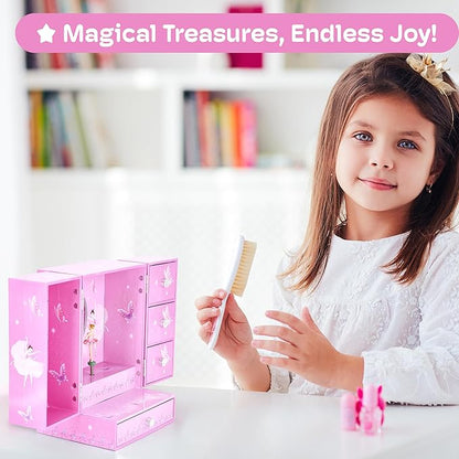 Jewelkeeper Large Jewelry Organizer Box - Musical Spinning Figure - Two-Door Accessories Organizer with 4 Drawers, 2 Hooks - Wood Storage for Rings, Necklaces, Earrings - Pink - 8.3"x6"x4.7"