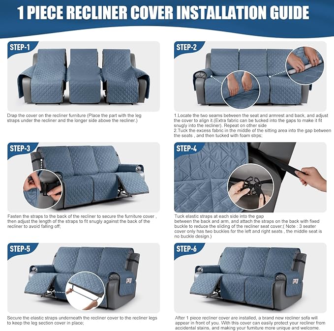 TAOCOCO 100% Waterproof Recliner Covers, Recliner Sofa Covers with Leg Straps, Reversible Recliner Couch Cover for Reclining Chair, Washable Couch Protector for Pets Kids(3 Seater, Sky Blue)
