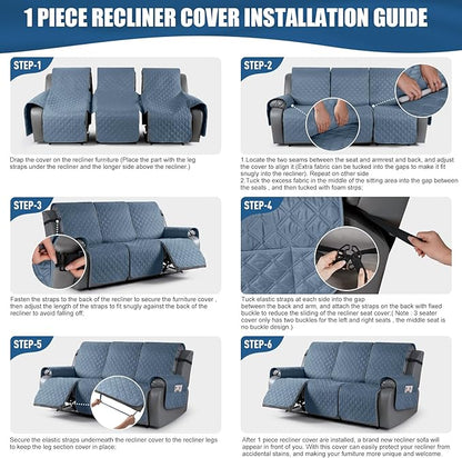 TAOCOCO 100% Waterproof Recliner Covers, Recliner Sofa Covers with Leg Straps, Reversible Recliner Couch Cover for Reclining Chair, Washable Couch Protector for Pets Kids(3 Seater, Sky Blue)