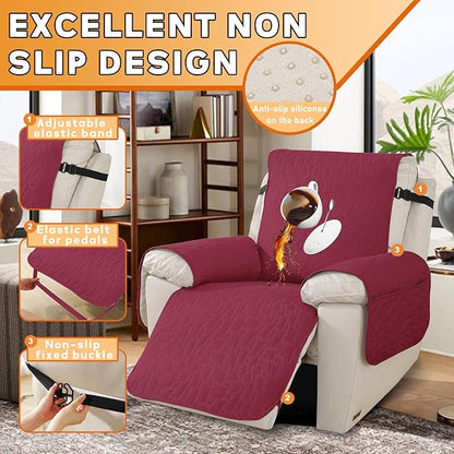 XINEAGE 100% Waterproof Recliner Chair Covers with Elastic Straps, Nonslip Reclining Couch Covers Washable Recliner Couch Cover with Pockets Furniture Protector for Pets Dogs (Wine Red, 23")