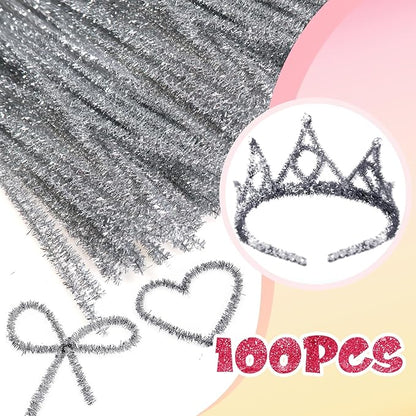 TOAOB 100pcs Christmas Glitter Pipe Cleaners Silver Metallic Pipe Cleaners Craft Supplies 6mm x 12 Inch Chenille Stems Pipe Cleaners for Art DIY Crafts Decorations