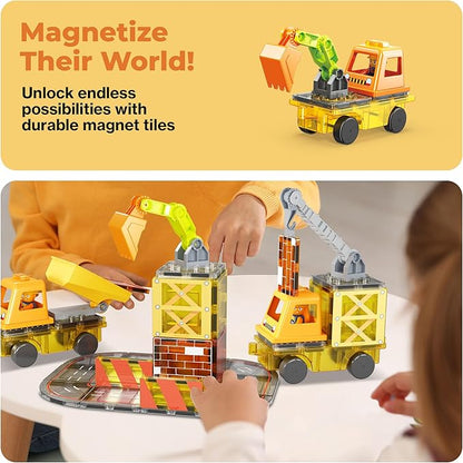 PicassoTiles Magnet Tile Construction Themed Building Blocks 5-in-1 Crane, Ladder, Dump Truck, Excavator, and Backhoe Action Figures, 2 Car Base Vehicles Magnetic Tiles Learning Toys Kids Ages3+ PTU06
