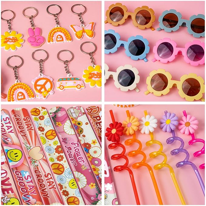 120PCS Groovy Party Favors,Includes Bus Boxes Retro Flower Sunglasses Temporary Tattoos Stickers Slap Bracelets Keychains Plastic Straws Silicone Bracelets For Boho Hippie Birthday Party