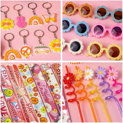 120PCS Groovy Party Favors,Includes Bus Boxes Retro Flower Sunglasses Temporary Tattoos Stickers Slap Bracelets Keychains Plastic Straws Silicone Bracelets For Boho Hippie Birthday Party