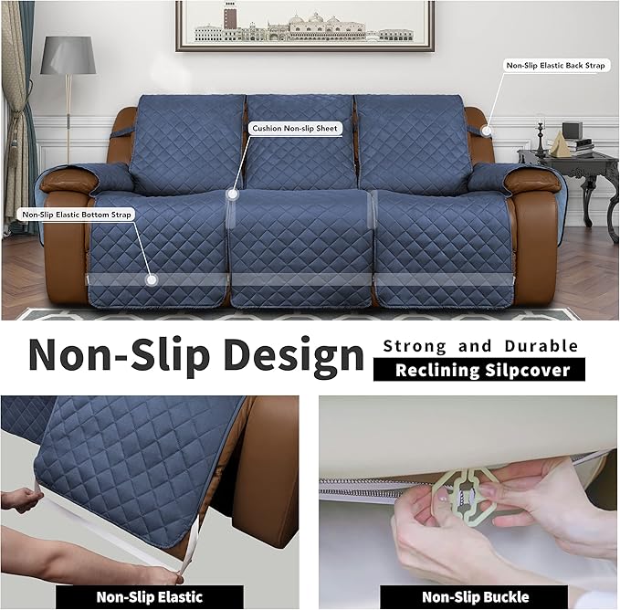 Easy-Going Recliner Sofa Cover, Reversible Couch Cover for 3 Seat Recliner, Split Sofa Cover for Each Seat, Furniture Protector with Elastic Straps for Kids, Dogs, Pet(3 Seater, Dark Blue/Light Blue)