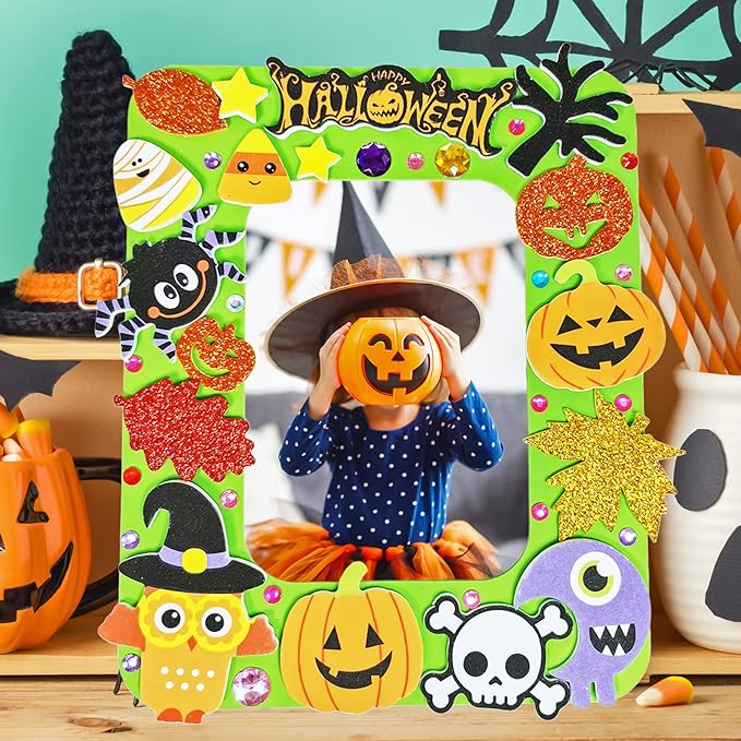 Winlyn 12 Sets Halloween Craft Kits Fall Kids Crafts DIY Halloween Picture Frame Decorations Art Sets Pumpkin Ghost Monster Foam Stickers Arts and Crafts for Kids Halloween Classroom Party Activities