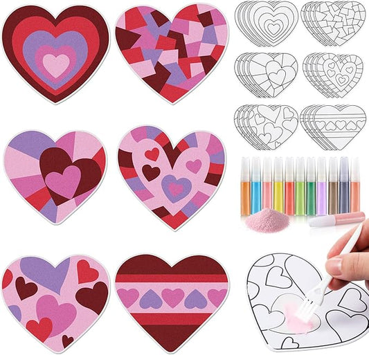 24 Sets Valentine Hearts Sand Art Craft Kit with Colored Sand Brushes DIY Valentine's Day Sand Painting Craft Create Your Own Sand Art for Kids Party Supplies Fun Home Activities