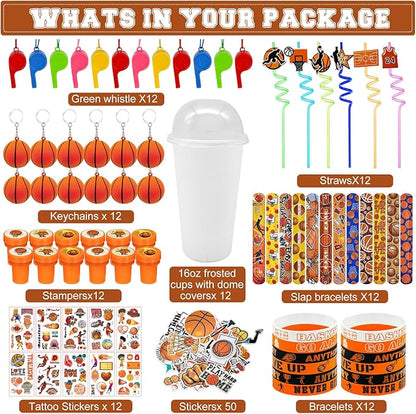 146 Pcs basketball Party Favors, Sports Party Supplies with Cup Straw Basketball Keychain Tattoo Sticker Slap Bracelet Whistle Treat Bag Fillers for Classroom Rewards Birthday Party (Basketball)