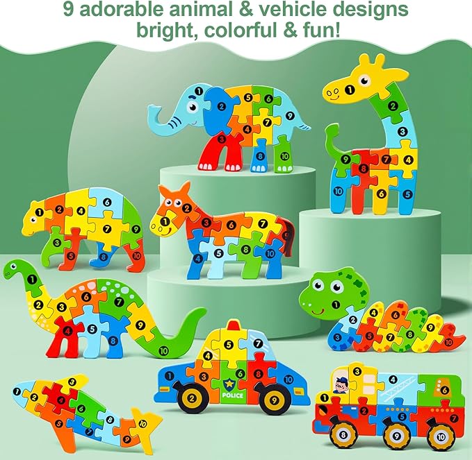 9 Pieces Montessori Wooden Puzzles for Toddlers - Jigsaw Puzzles in Gift Box, Educational Learning Toys for 3-5 Year Old Boys & Girls, Fine Motor Skills, Kids Puzzles Ages 3-5