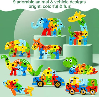 9 Pieces Montessori Wooden Puzzles for Toddlers - Jigsaw Puzzles in Gift Box, Educational Learning Toys for 3-5 Year Old Boys & Girls, Fine Motor Skills, Kids Puzzles Ages 3-5