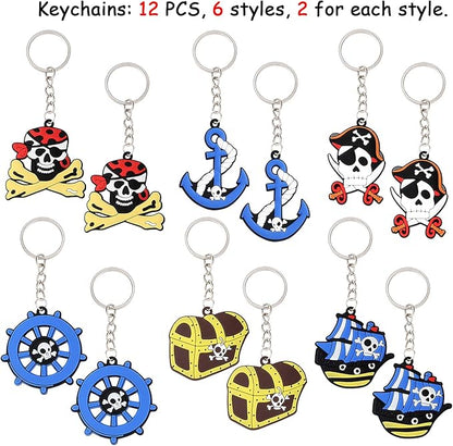 HLenyoy 88 PCs Pirate Party Supplies Favors Pirate Keychain Rings Bracelets Pirate Eye Patch Mustache Tattoos Stickers Pirate Party Favors Decoration