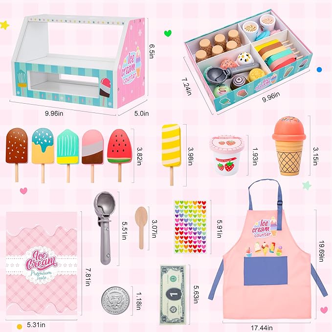 Meland Ice Cream Toy - Wooden Ice Cream Play Set with Aprons, Kids Toys for Toddlers Pretend Play, Toys for Girls Boys 3 4 5 6 7 Years Old Wooden Toys Play Store Playset for Kids Children Gift
