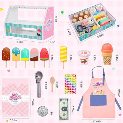 Meland Ice Cream Toy - Wooden Ice Cream Play Set with Aprons, Kids Toys for Toddlers Pretend Play, Toys for Girls Boys 3 4 5 6 7 Years Old Wooden Toys Play Store Playset for Kids Children Gift