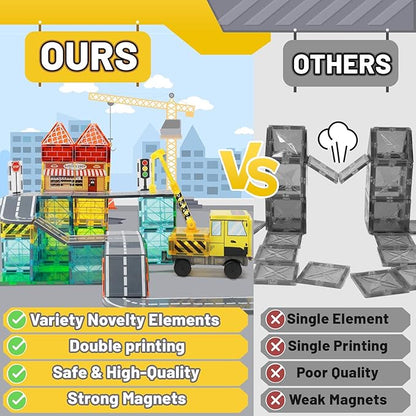 Magnetic Tiles Magnetic Building Blocks, Building Toys for Kids Ages 3-5 4-8 8-12 Toddlers STEM Preschool Toys Boys Toys, City Construction Toys Set with 2 Cranes Train Tracks Road Car