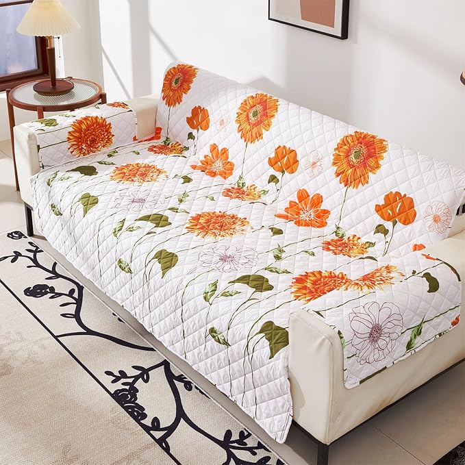 EVENHUG Sofa Cover for 3 Cushion Couch Sunflower Sofa Slipcover Washable 3 seat Couch Cover Furniture Protector Cover with Elastic Straps for Pets Kids Dog Cat (Sofa,Orange)