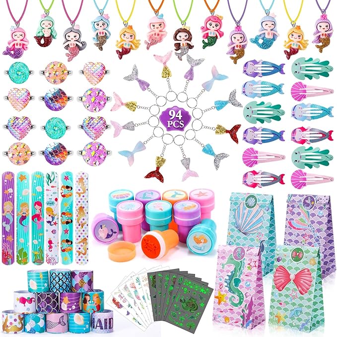 Golray 96Pcs Mermaid Party Favors with Goodie Bags Necklace Bracelet Rings Hair Clip Stampers Tattoo Tail Keychain for Girls Prize Toy Gift Stuffers Fillers Pinata Mermaid Birthday Party Supplies