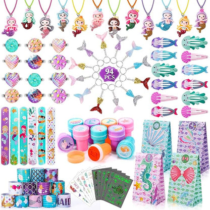 Golray 96Pcs Mermaid Party Favors with Goodie Bags Necklace Bracelet Rings Hair Clip Stampers Tattoo Tail Keychain for Girls Prize Toy Gift Stuffers Fillers Pinata Mermaid Birthday Party Supplies