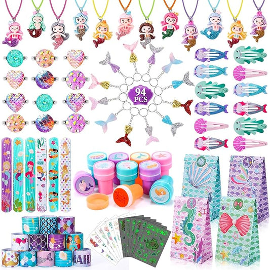 Golray 96Pcs Mermaid Party Favors with Goodie Bags Necklace Bracelet Rings Hair Clip Stampers Tattoo Tail Keychain for Girls Prize Toy Gift Stuffers Fillers Pinata Mermaid Birthday Party Supplies