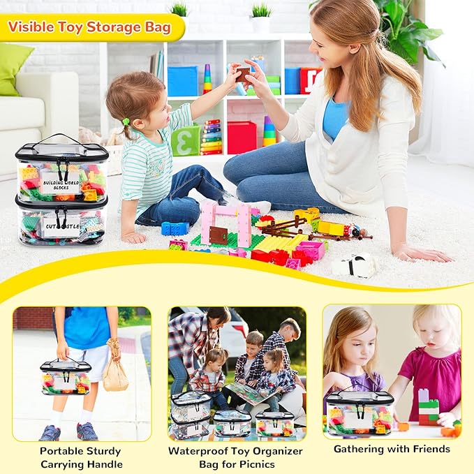 Tesuko 6 Pack Clear Toy Storage Bag with Name Tag& Manual Pocket, Waterproof Transparent PVC Toy Organizer Case for Lego Bricks, Board Games, Building Blocks, Puzzles (Large Capacity, Black)