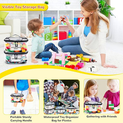 Tesuko 6 Pack Clear Toy Storage Bag with Name Tag& Manual Pocket, Waterproof Transparent PVC Toy Organizer Case for Lego Bricks, Board Games, Building Blocks, Puzzles (Large Capacity, Black)