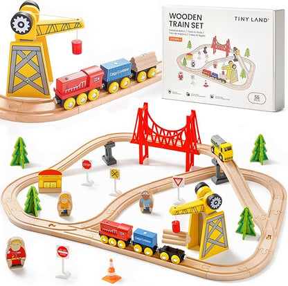 Tiny Land 55PCS Wooden Train Set - Compatible with Major Brand Tracks, Educational Toy for Toddlers & Kids Ages 3-7, Durable Wooden Railway Tracks