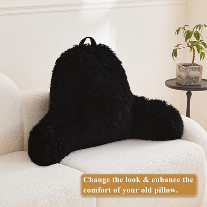 XeGe Faux Fur Reading Pillow Cover (No Filler), Fluffy Backrest Pillow Case for Sitting in Bed, Adults Kids Shaggy Sit Up Back Support Study Pillow Cover for Couch Chair Home Decoration, Black