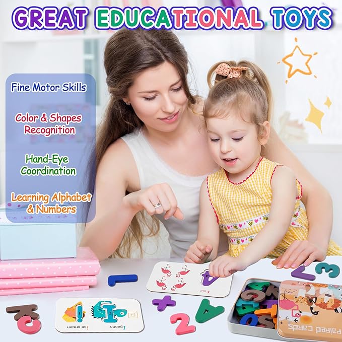 LOOIKOOS Number and Alphabet Flash Cards for Toddlers 3-5,ABC Montessori Toys for 3+ Year Old Wooden Letters Puzzle Preschool Learning Activities