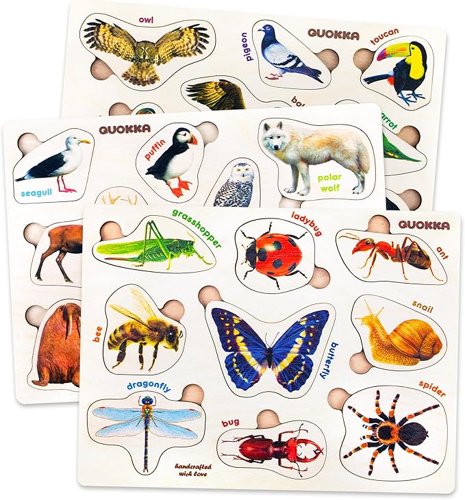 QUOKKA Wooden Puzzles for Toddlers – 3xSET Toddler Puzzles AES – Montessori Insects Toy Puzzles for Toddlers – Wood Toy Learning Realistic Insects, Arctic Animals, Birds for Boy and Girl