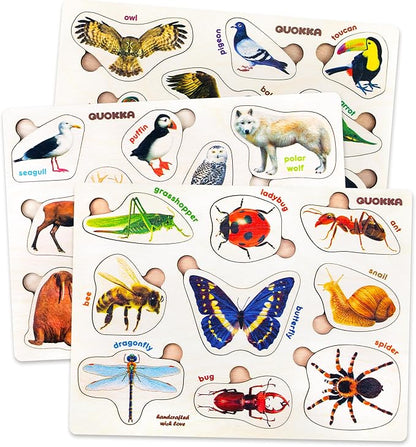 QUOKKA Wooden Puzzles for Toddlers – 3xSET Toddler Puzzles AES – Montessori Insects Toy Puzzles for Toddlers – Wood Toy Learning Realistic Insects, Arctic Animals, Birds for Boy and Girl