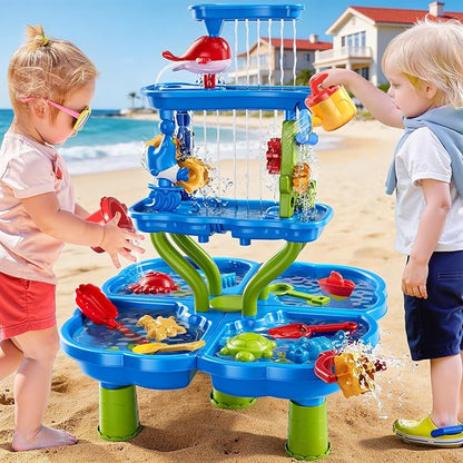 4-Tier Water Table for Toddlers 1-3 3-5, Sand Beach Water Table Toys for Kids, Water and Sand Sensory Table Beach Outdoor Birthday Gifts Toys for Kids Toddlers Age 3 4 5 6 7 8 Boys Girls