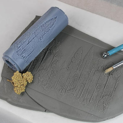 Woodland Silhouette Grove Clay Texture Roller (4") - Seamless Meadow Set #01 - Embossing Pattern Roller for Polymer & Ceramic Clay, Pottery & Crafts