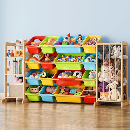 Storage Organizer with Bookshelf and Stuffed Animal Storage - Playroom Organization with Shelves and 12 Bins - Living Room Box for Lego - Nursery Bedroom Decor Essentials