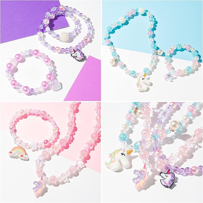OSNIE Unicorn DIY Bead Jewelry Making Kit for Kids Girls with Unicorn Rainbow Heart Bow-Knot Lollipop Crown Key Charms Beads for Bracelets Rings Necklaces Creativity Beading Kits Art Craft, 400Pcs+