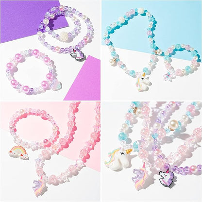 OSNIE Unicorn DIY Bead Jewelry Making Kit for Kids Girls with Unicorn Rainbow Heart Bow-Knot Lollipop Crown Key Charms Beads for Bracelets Rings Necklaces Creativity Beading Kits Art Craft, 400Pcs+