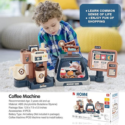 Pretend Role Play Toy Kids Coffee Maker Playset, ACROFEK Toy Coffee Maker with Sound Light, Play Coffee Maker Set for Kids with Fake Donuts (41PCS)