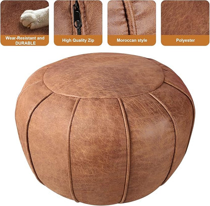 Louis Donné Unstuffed Moroccan Ottoman Pouf Cover with Waterproof Handmade Faux Decor Storage Solution for Kid Toy Footstool Pouffe Cover Replacement Balcony Indoor 21dia Chestnut Brown, ONLY Cover
