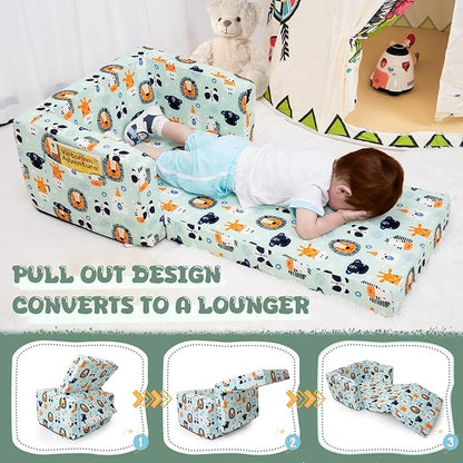 Kids Sofa, Comfy 2-in-1 Toddler Couch Fold Out, Convertible Sofa to Toddler Lounge Chair for Boys and Girls (Animal, Green)