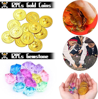 96PCS Pirate Party Favors Supplies Pirate Gold Coins Pirate Gem Pirate Keychain Rings Bracelets Pirate Eye Patch Mustache Tattoos for Birthday Party Goodie Bag Fillers